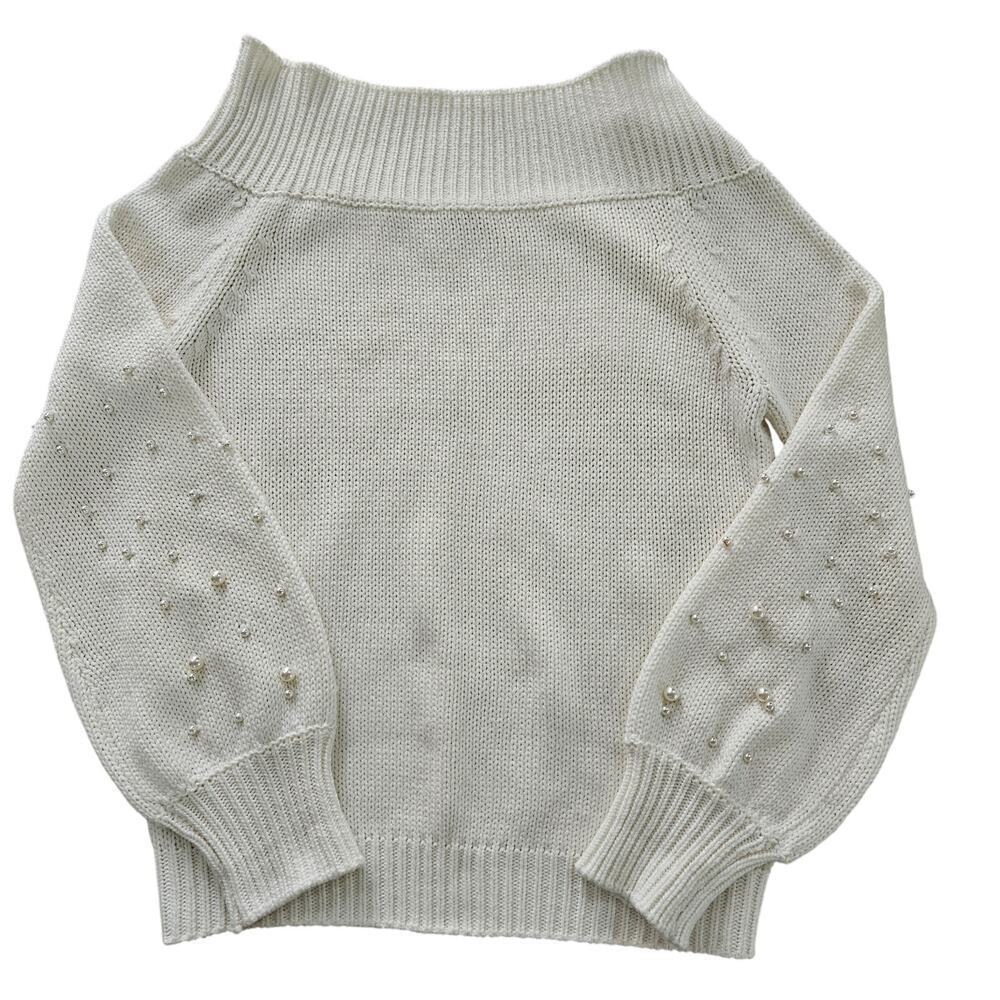 Elan Cream Balloon Sleeve Off the Shoulder  Sweater. Pearls on sleeves. Size S - Picture 3 of 6